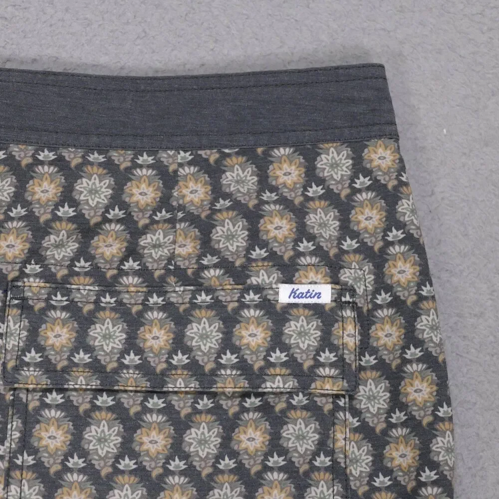 Katin Mens Board Shorts 38 Gray Floral Swim Trunks Drawstring